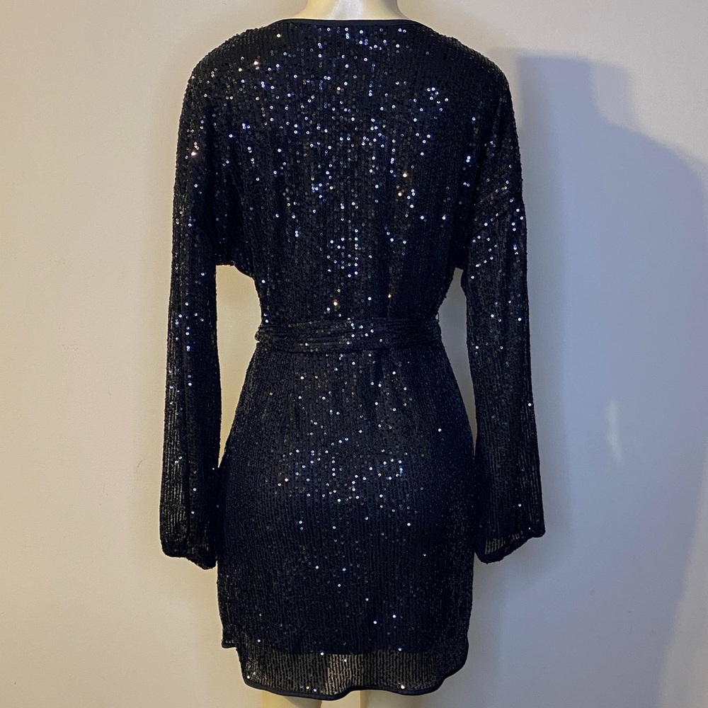 Forever 21 Black Sequin Faux Wrap Belted Dress Size L - Picture 6 of 8